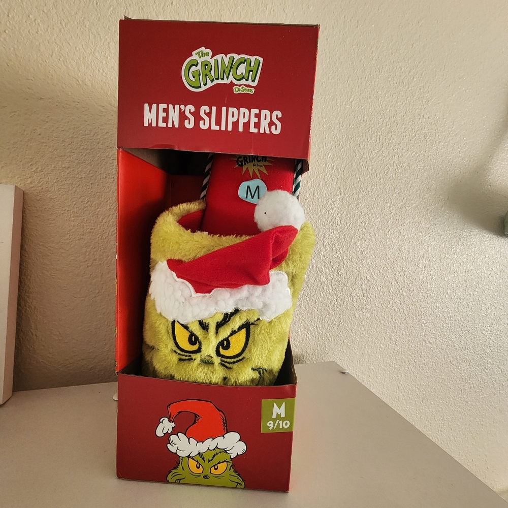 NEW The Grinch Green Velvet Christmas Men’s Slippers Size M 9/10